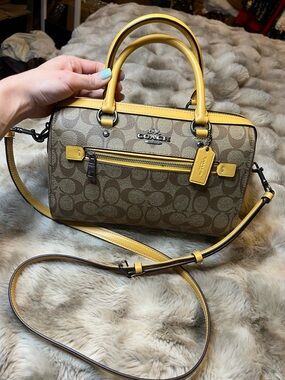 Coach Yellow/Beige Signature Coated Canvas / Leather Rowan Satchel (Retail $398)
